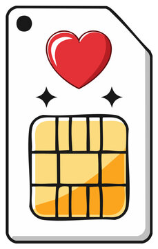 Illustrated SIM card with a red heart symbol and sparkling stars, representing love and connection.