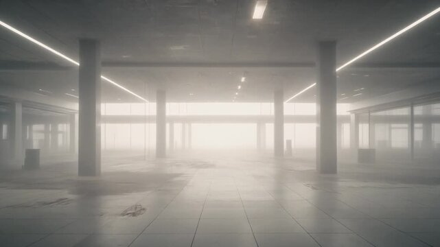 Liminal Interior of an Empty Shopping Mall with Glowing Haze