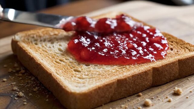 A knife spreading red jam onto a slice of toasted bread on a wooden surface