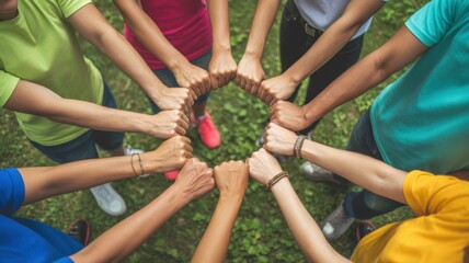 Fototapeta premium Circle of Unity: A circle of hands, diverse in color and form, come together in a symbol of unity, collaboration, and shared purpose.