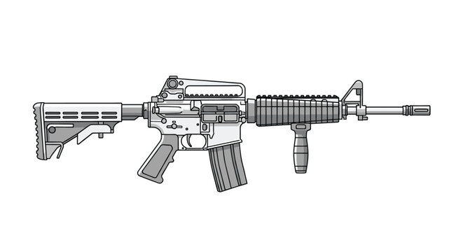 Modern military assault rifle in shades of grey features a tactical grip and adjustable stock for high performance combat situations.