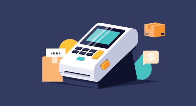 Electronic point of sale terminal or card reader device surrounded by cardboard shipping boxes and a dollar sign price tag bubble.