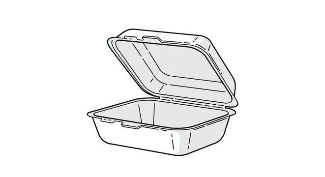 Open white styrofoam or plastic clamshell takeout container for food delivery and restaurant leftovers shown in a clean vector style.