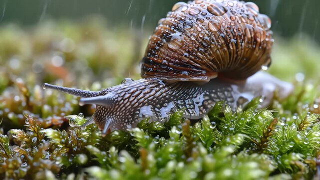 Macro close up of Helix pomatia snail crawling on wet green moss during rain with water droplets on shell