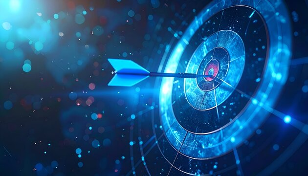 Futuristic target with arrow in the bullseye representing accuracy, focus, data-driven strategy, and performance optimization.