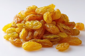 Macro shot of glossy dried golden raisins with amber hues on white surface