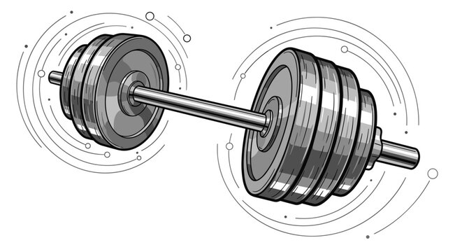 Heavy metal dumbbell with several weight plates is shown against a dynamic background of swirling lines and dots.
