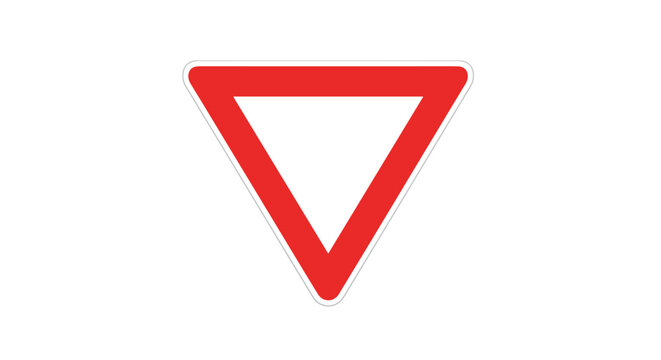 Red and white inverted triangular traffic sign serves as a yield warning for drivers approaching an intersection.