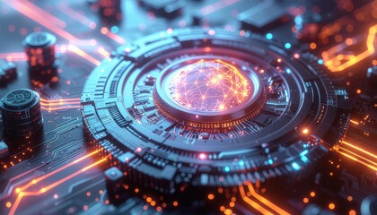 Fototapeta premium Close-up view of a futuristic circuit board with glowing elements and intricate design.