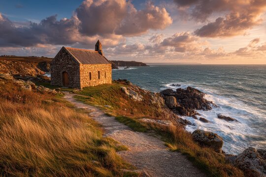 Cliff-edge parish with windswept landscape and expansive ocean horizon