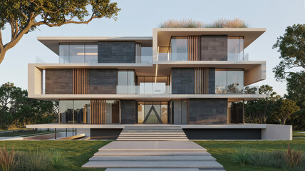 Fototapeta premium Modern Multi-Level Luxury Home With Large Windows And Balcony Overlooking Lush Green Lawn For Real Estate And Architecture Concepts