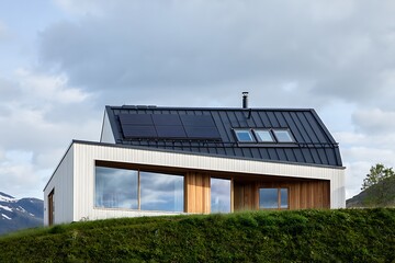 Fototapeta premium A modern house with solar panels on its roof situated on a hill with a cloudy sky in the background