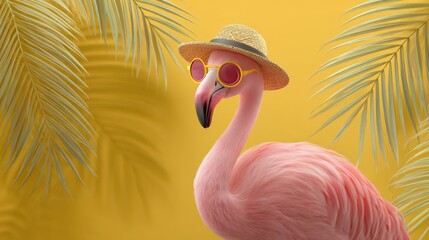Obraz premium Whimsical summer scene featuring a pink flamingo with sunglasses and hat under tropical palm leaves on a luminous yellow background