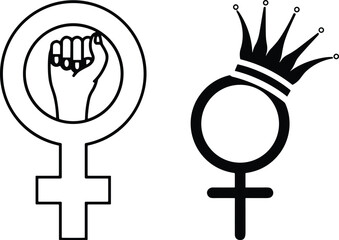 Obraz premium Female empowerment symbols, feminist raised fist icon, crown gender sign, women’s rights illustration, equality vector design, strength solidarity dignity artwork