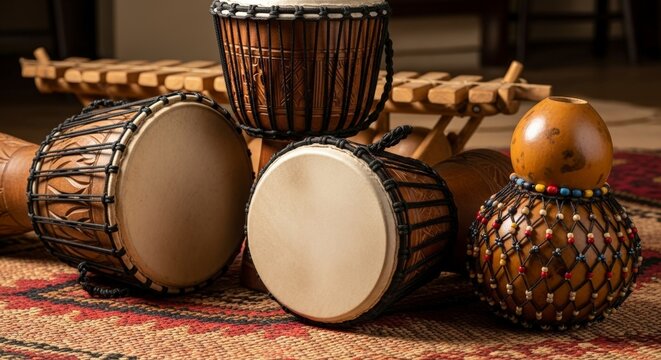 Collection of traditional African musical instruments, including djembe drums, a balafon, and a shekere, arranged on a patterned fabric surface.