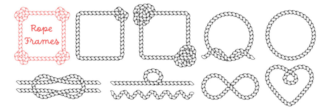 Hand drawn rope brush frames and dividers. Braided cord borders in square and round shapes with knots. Decorative rope lines. Cowboy rodeo concept