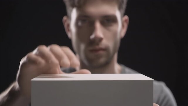 Focused man presenting a white digital tablet with calm authority &mdash; ideal for technology, business, e-learning, and corporate communication campaigns