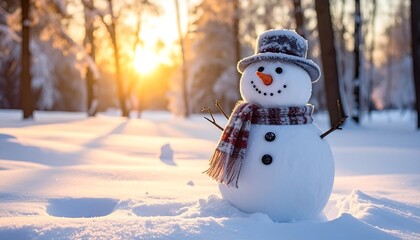 Obraz premium Cheerful snowman with hat and scarf stands in sun-drenched snow with trees, winter scene casting shadows