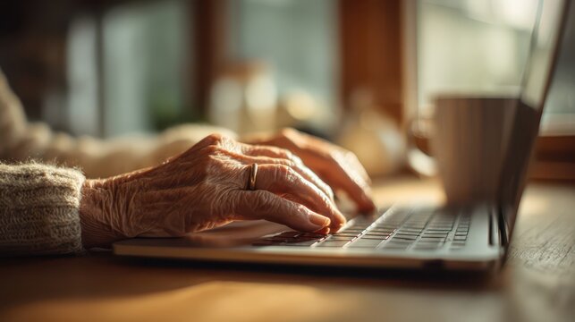 Senior woman using a laptop: intimate hands on the keyboard with soft background