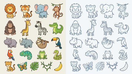 A collection of cute cartoon jungle animals and related elements, presented in both full color and outline versions, suitable for children's illustrations or educational materials.