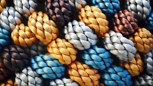 The camera shows a close-up of colorful ropes woven together. Different shades create patterns. The lighting highlights the texture. This happens during daylight.