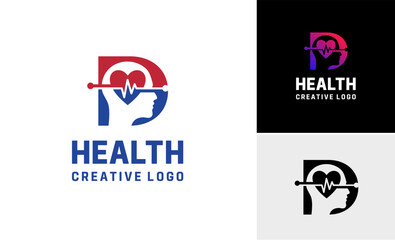 Letter D heartbeat pulse idea design logo concept, Creative diagnosis love sound health negative space people symbol logo design