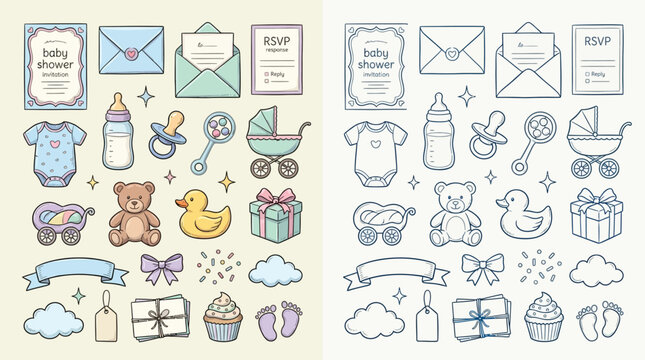 Collection of cute baby shower icons and elements in pastel colors, including clothing, toys, and decorations.