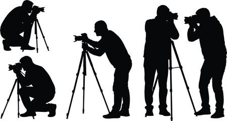 Professional photographer silhouette set with camera and tripod, photography people collection, cameraman shooting photos, creative media production concept © Nusaiba's World