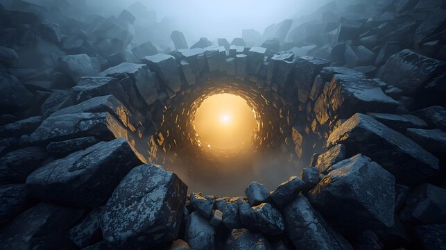 Rocky Stone Tunnel Portal to Bright Ethereal Light Fantasy Abstract