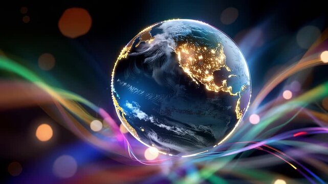 Glowing globe floats amid vibrant digital cables