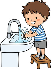 Cute boy washing hands hygiene education cartoon illustration