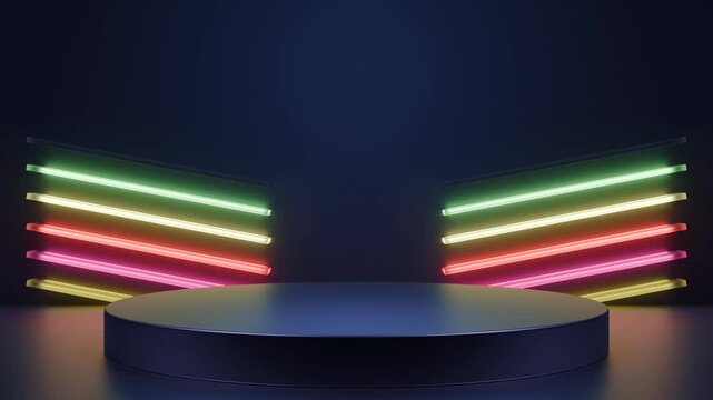 Seamless loop 3d render dark blue podium with moving rainbow neon light strips