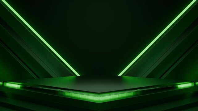 Seamless loop 3d render dark green podium stage with glowing neon geometric lines