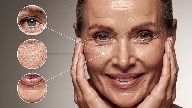 Mature Woman's Face with Close-ups of Aging Skin: Wrinkles, Pores, Lips