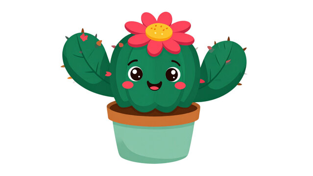 Cartoon potted plants illustration, happy flower cactus succulent, smiling face character design, cute children art decoration, cad drawing flat vector illustration