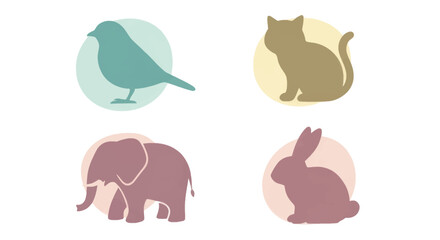 Obraz premium Minimalist animal icons including bird, cat, elephant, and rabbit in soft pastel colors perfect for web design and branding