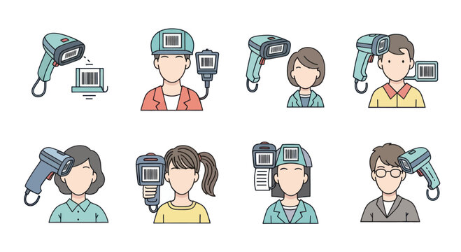 Barcode scanner technology concept with diverse faceless people using handheld and wearable barcode readers for retail, logistics, and inventory management