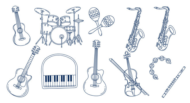 Collection of musical instruments including guitar piano and saxophone