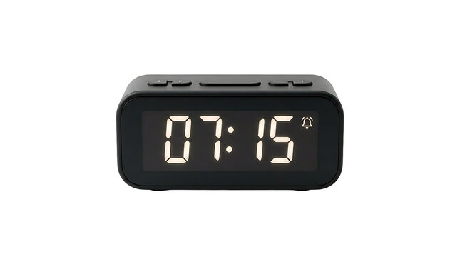 A black digital alarm clock with transparent screen on a clean white background