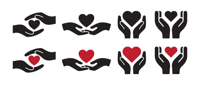 Hands Holding Heart Icons Set. Love, Care, Charity, Health, Support, Friendship, Compassion Symbols.
