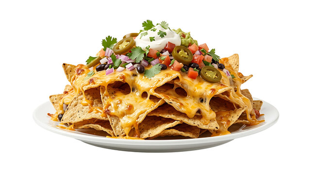 A plate of nachos with cheese and toppings on a transparent background