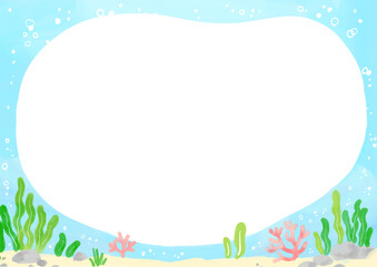 Underwater ocean frame background with coral reef, cute marine illustration