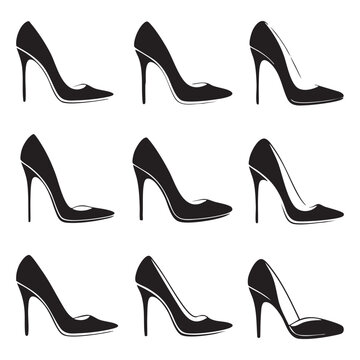 Nine black heel shoes in different styles and angles stilettos fashion