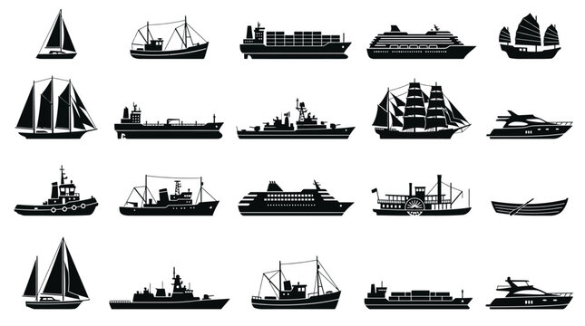 Collection of various boat silhouettes on white background