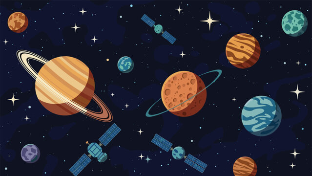 Vibrant pixel art depiction of outer space featuring multiple planets with rings, distant stars, and scientific satellites in orbit.