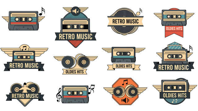 Set of vintage-style retro music badges and logos featuring winged cassette tapes and musical notes for an old-school aesthetic.