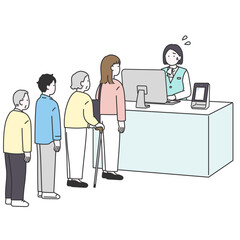 医療受付で手続きに手間取り混雑している様子のイラスト
