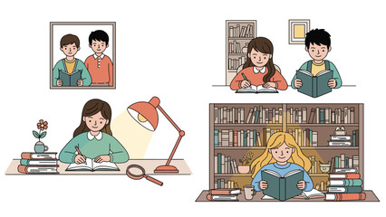 Collection of scenes showing young students reading books and studying at desks in a home environment or a traditional library.