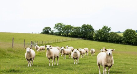 Flock of sheep grazing in a lush green field on a cloudy day.
