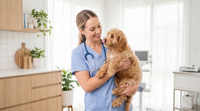 Caring female veterinarian holding a cute fluffy cockapoo dog in a modern clinic exam room.